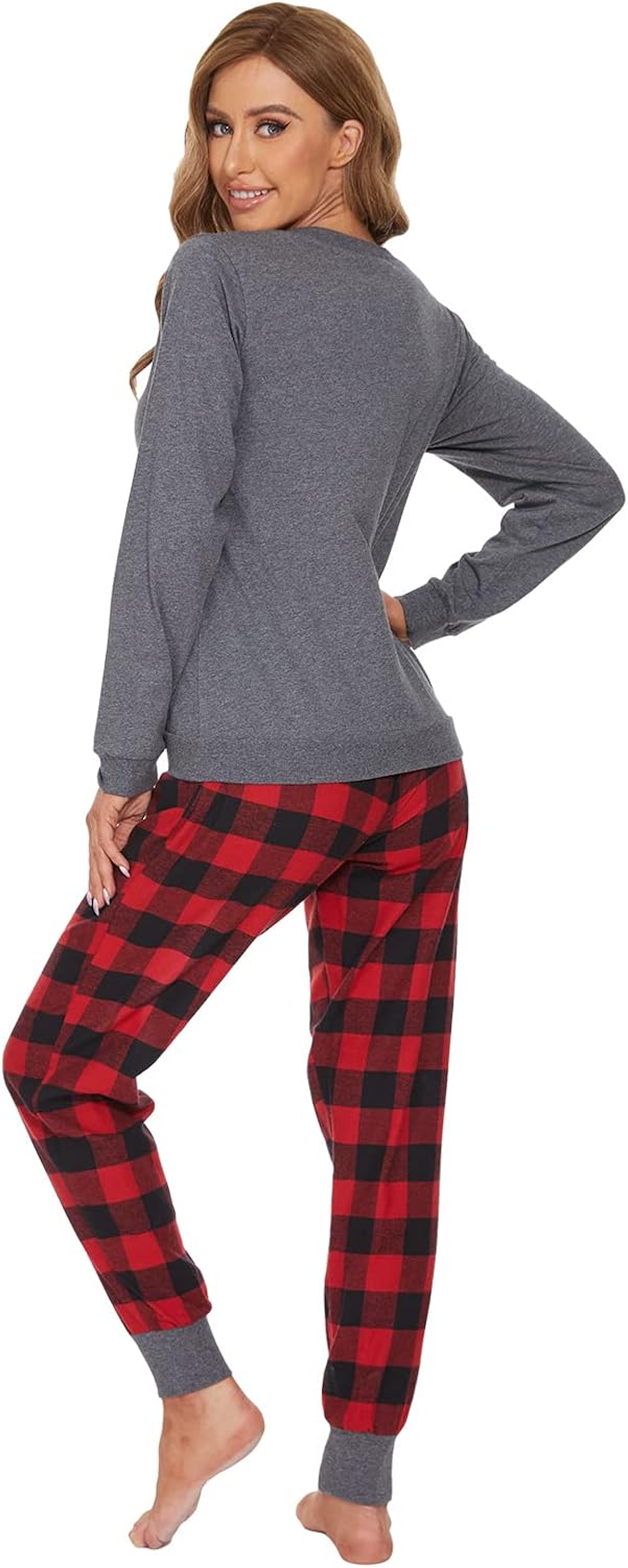 Mnemo Schlafanzug Damen 100% Baumwolle Bequemer Pyjama Damen Baumwolle mit Karomuster L Rotes und Sc