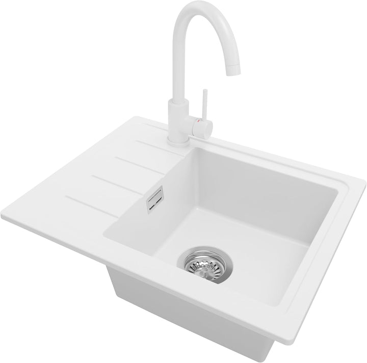 Spülbecken Weiss 55x44 cm, Granitspüle + Ablauf-Set + Küchenarmatur 5000, Küchenspüle für 45er Unter