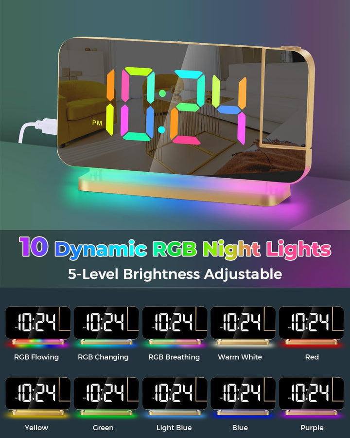 SZELAM Projektion Wecker - LED Spiegel Digitaluhr Grosses Display mit RGB Nachtlicht USB C Ladestati