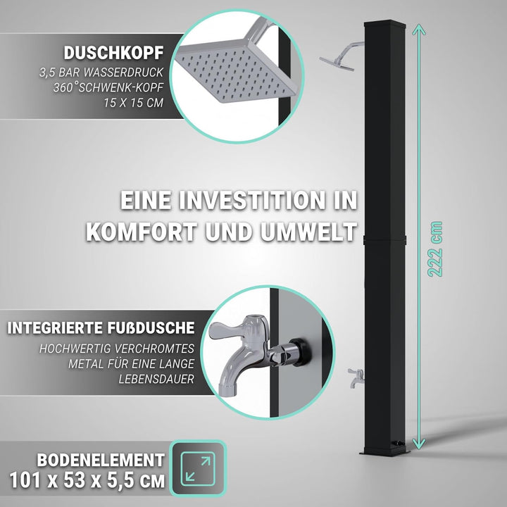 HAGO Solardusche | 40L | eckig | Schwarz/Silber | Pooldusche | Campingdusche | Gartendusche | Outdoo