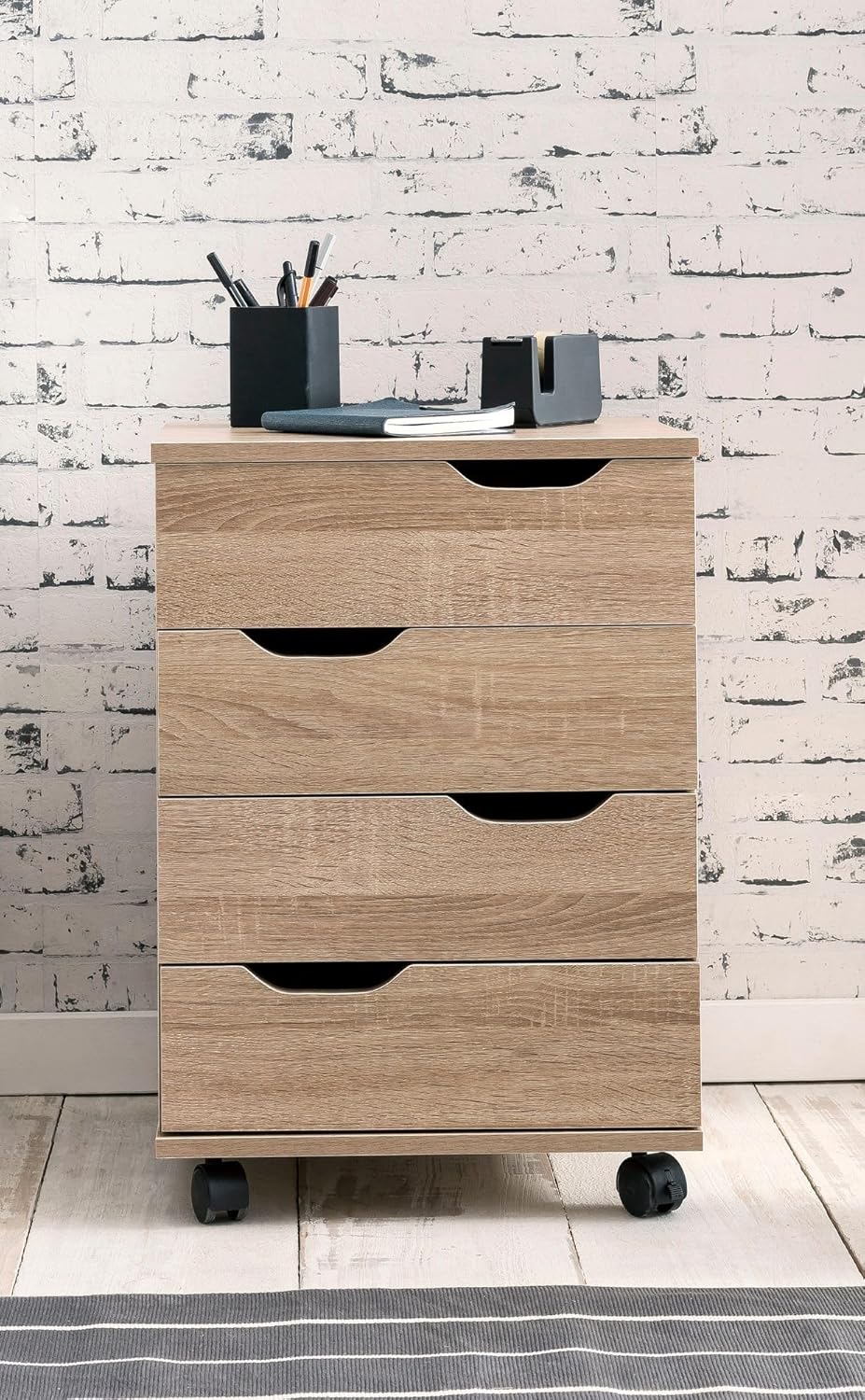 Wohnling Rollcontainer 40x40x60 cm Sonoma mit Schubladen | Schreibtischcontainer mit 4 geräumigen Sc