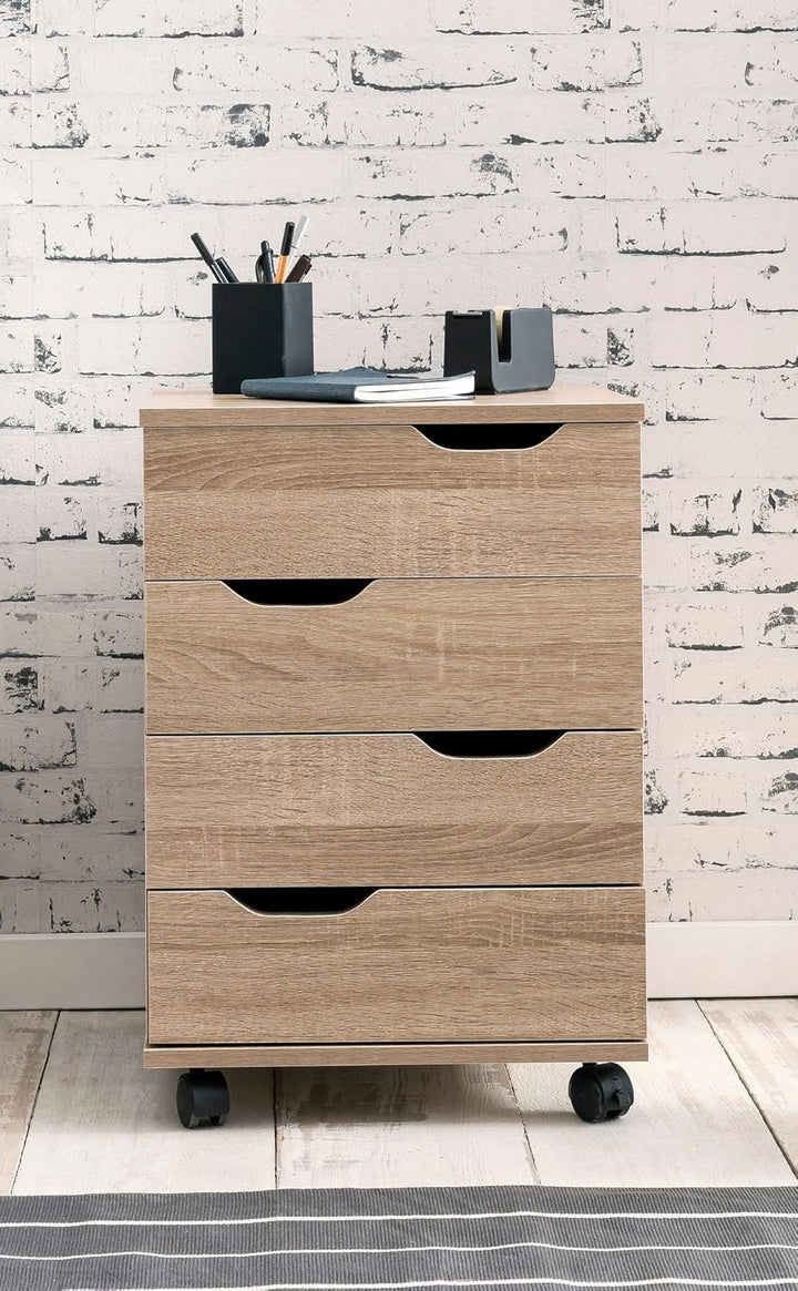 Wohnling Rollcontainer 40x40x60 cm Sonoma mit Schubladen | Schreibtischcontainer mit 4 geräumigen Sc