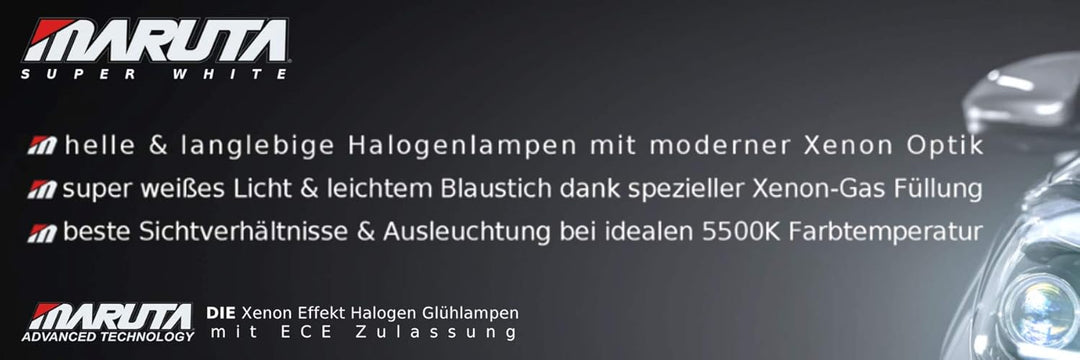 MARUTA SUPER WHITE H15 12V 55/15W Halogenlampe für Fernlicht &amp; Tagfahrlicht, 5500K Xenon-Effekt, lan