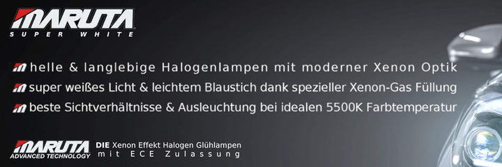 MARUTA SUPER WHITE H15 12V 55/15W Halogenlampe für Fernlicht &amp; Tagfahrlicht, 5500K Xenon-Effekt, lan