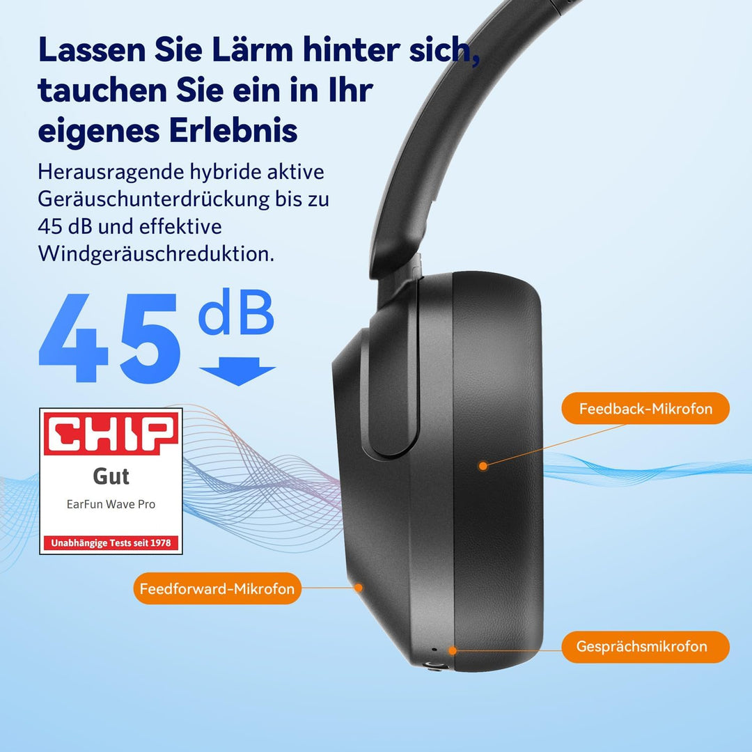EarFun Wave Pro Over Ear Kopfhörer Kabellos Bluetooth, Hybrid Aktive Noise Cancelling, Hi-Res Audio,