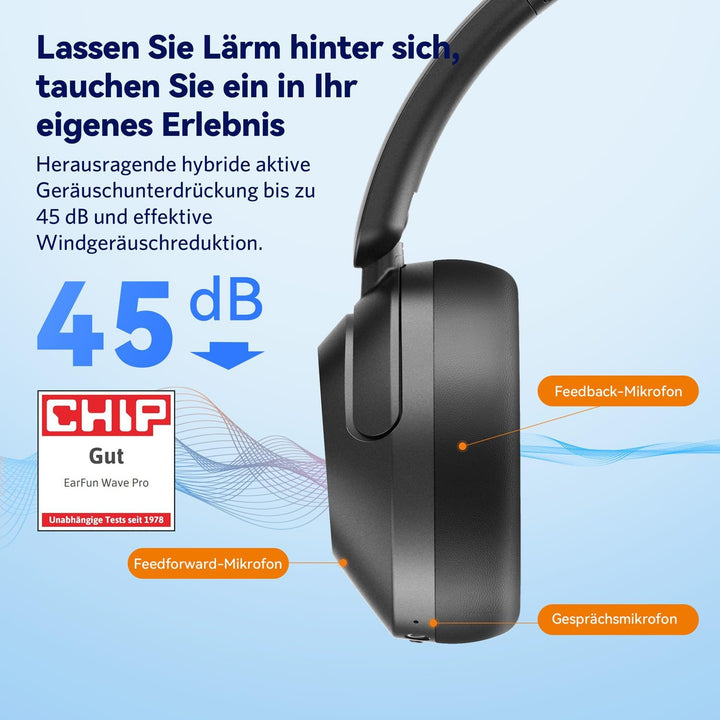 EarFun Wave Pro Over Ear Kopfhörer Kabellos Bluetooth, Hybrid Aktive Noise Cancelling, Hi-Res Audio,
