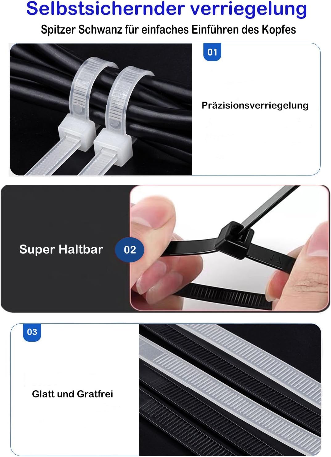 Kabelbinder Schwarz 400mm x 7.6mm - 100 Stück UV-beständig, 75kg Zugfestigkeit, selbstsichernd für d