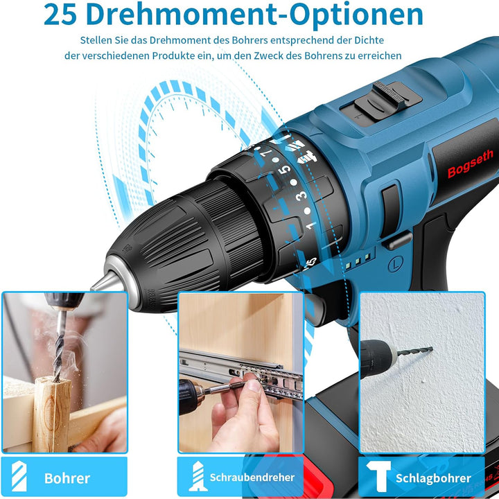 Bogseth 21V Akkuschrauber Set,Akkubohrer mit 112PCS Werkzeugkoffer,45 N.m Max akku bohrmaschine mit