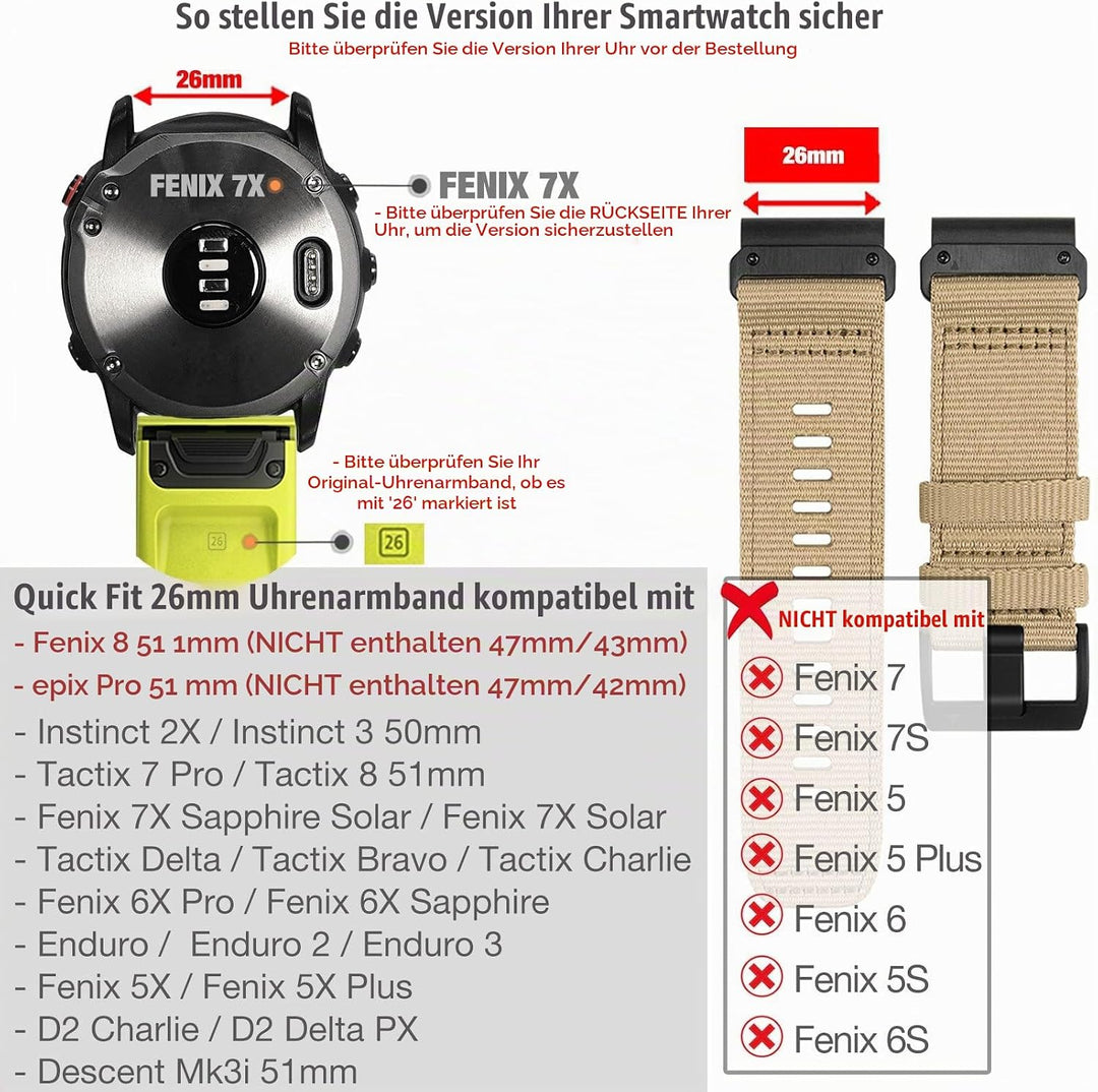 YOOSIDE Verbessert QuickFit 26mm Nylon Armband für Garmin Fenix 7X / Fenix 6X / Fenix 5X / Enduro, S