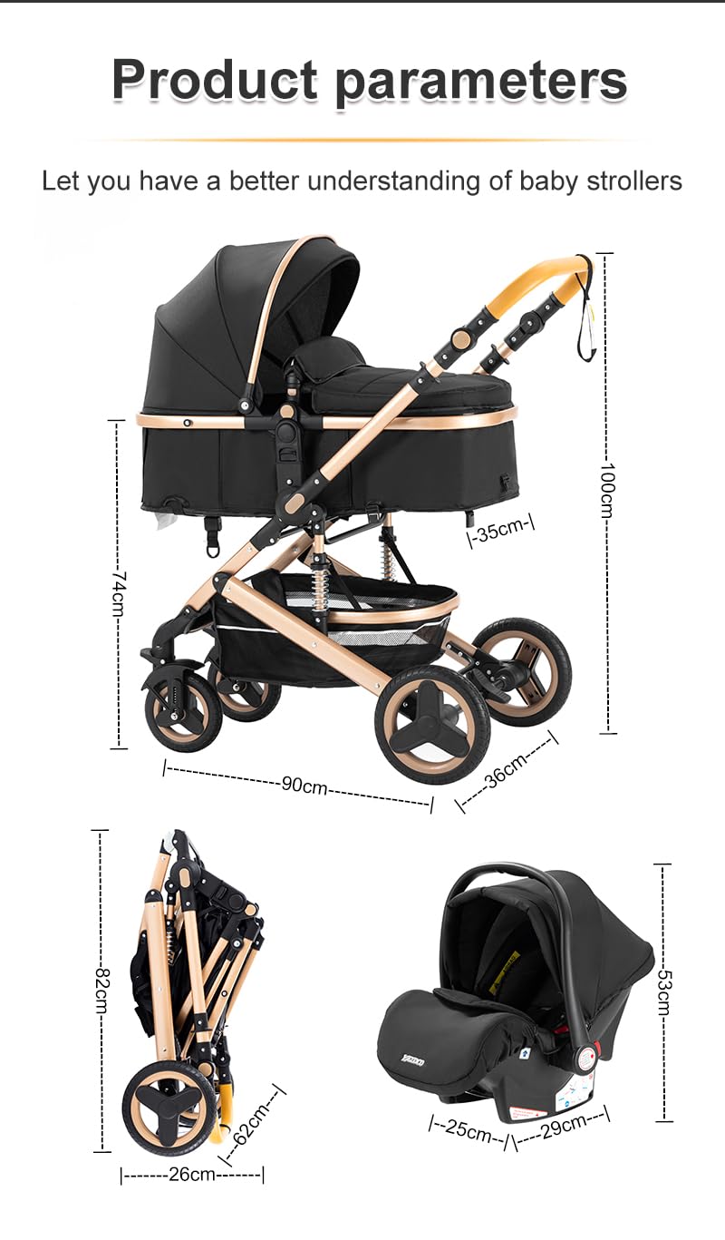 YAZOCO kinderwagen 3 in 1 Buggy Babybett Komplett Set Einem Klick Zusammenklappbarer Kinderwagen, Ko