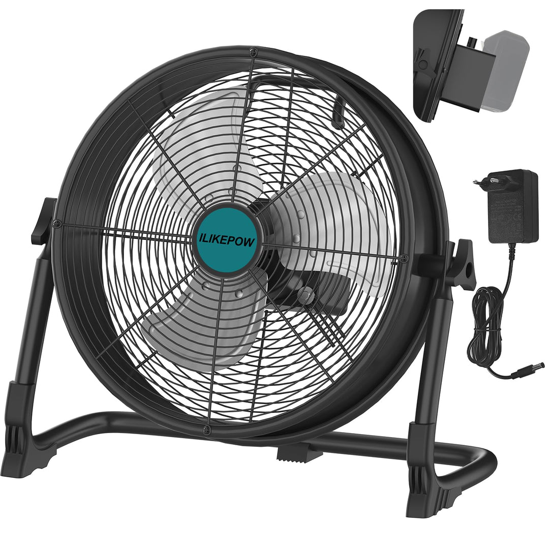 12 Zoll Akku Ventilator für Makita 18V Batterie, Tragbarer Bodenventilator mit Netzteil und USB-Ausg