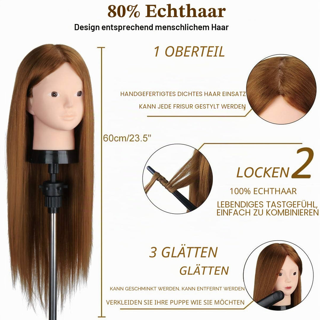 TopDirect 60cm/23.5 Zoll 80% Echthaar Haar Frisierkopf Schminkpuppe Kopf, Bilden Make-up Friseur Übu
