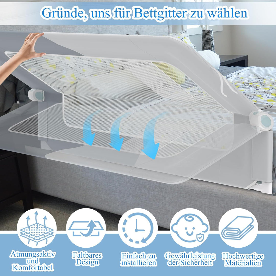 AufuN Bettgitter Bettschuztgitter Portable 150cm, Faltbar Kinderbettgitter für Kinder Babybettgitter