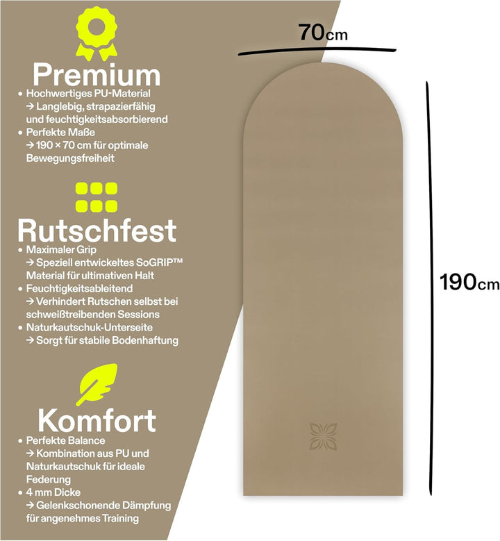 SoGRIP™ Yogamatte rutschfest – PU Yoga Matte mit starkem Grip &amp; Naturkautschuk – Gymnastikmatte, Pil