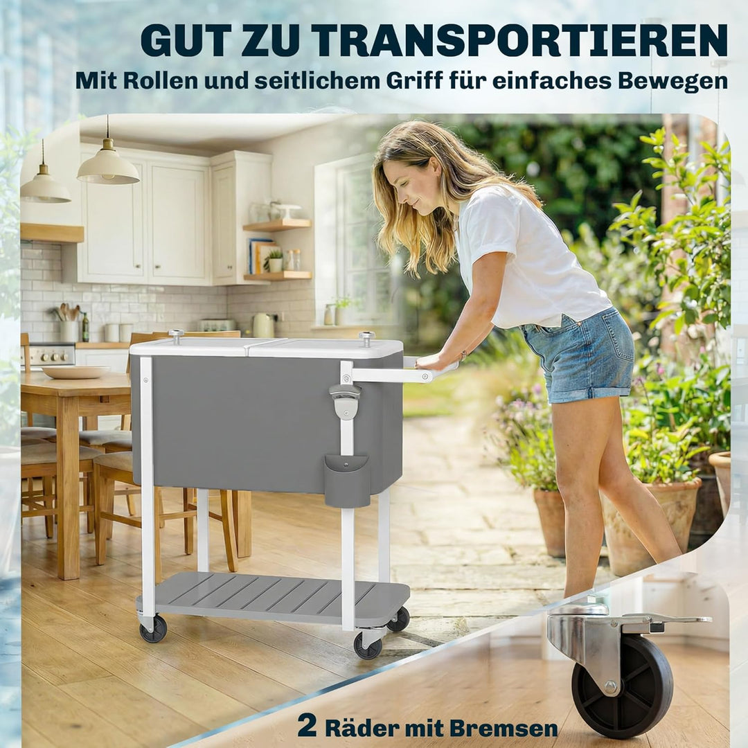 Outsunny Kühlwagen mit 56L Kapazität Servierwagen mit Rollen, Flaschenöffner, unterer Ablage, Griff