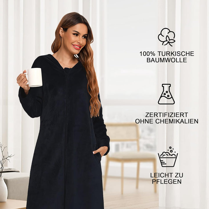 Figarge Bademantel Damen und Herren mit Reissverschluss und Kapuze langer Bademantel Fronttaschen Sa