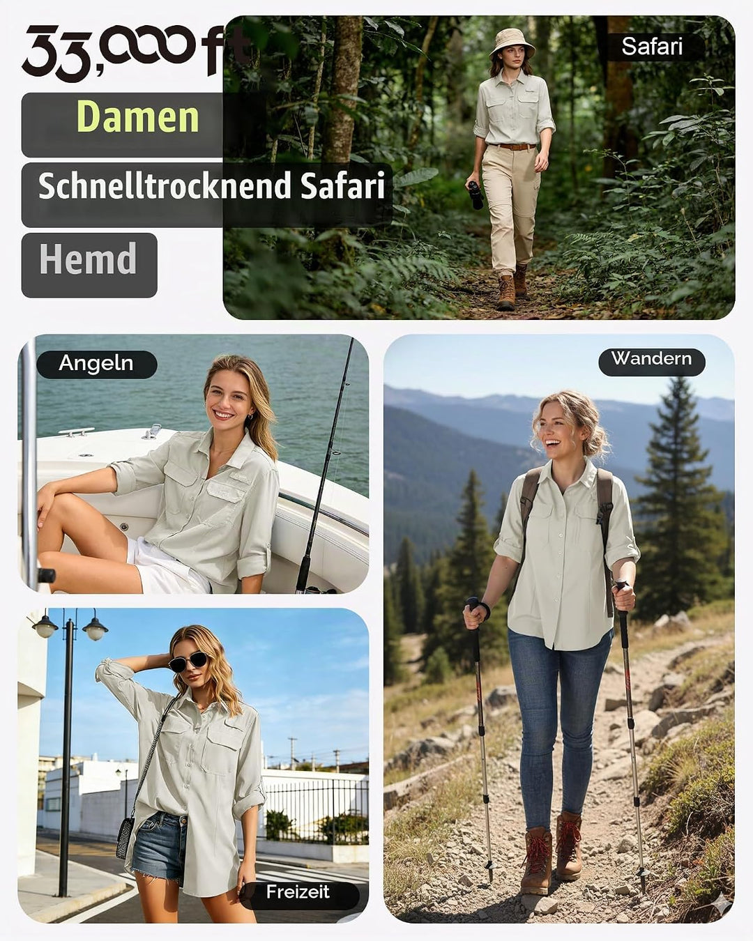 33,000ft Hemdbluse Damen UPF50 UV Schutz Hemd Schnelltrocknende Button-Down Shirts Atmungsaktive Wan