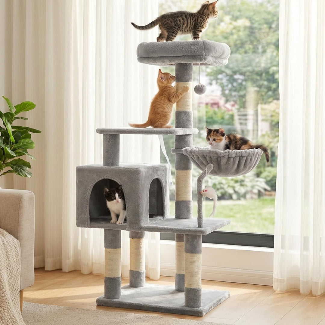 Hey-brother Kratzbaum, 111 cm Katzenbaum mit Spielzeug, Katzenkratzbaum mit Plattform, Hängematte un