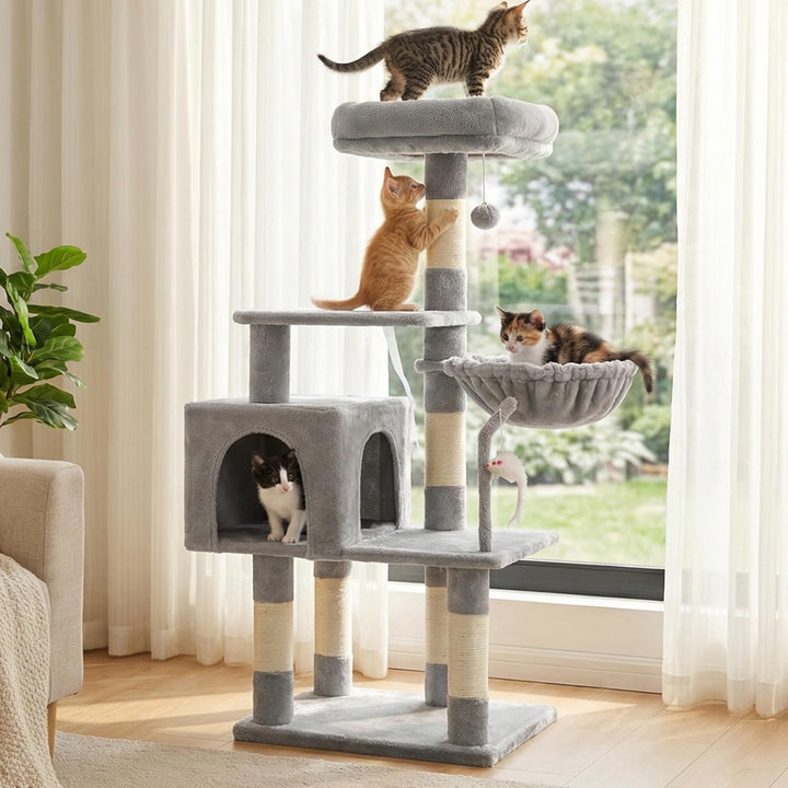 Hey-brother Kratzbaum, 111 cm Katzenbaum mit Spielzeug, Katzenkratzbaum mit Plattform, Hängematte un