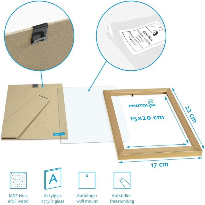 PHOTOLINI Bilderrahmen 15x20 Holz MDF Gold, 3er Set Bilderrahmen 20x15, Picture Frame mit Acrylglas,