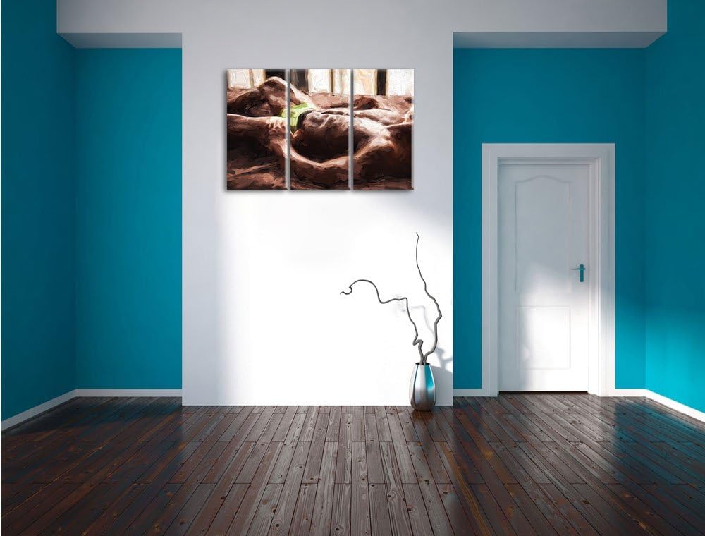 Pixxprint Muskulöser Mann im Bett Kunst Pinsel Effekt 3-Teiler Leinwandbild 120x80 Bild auf Leinwand