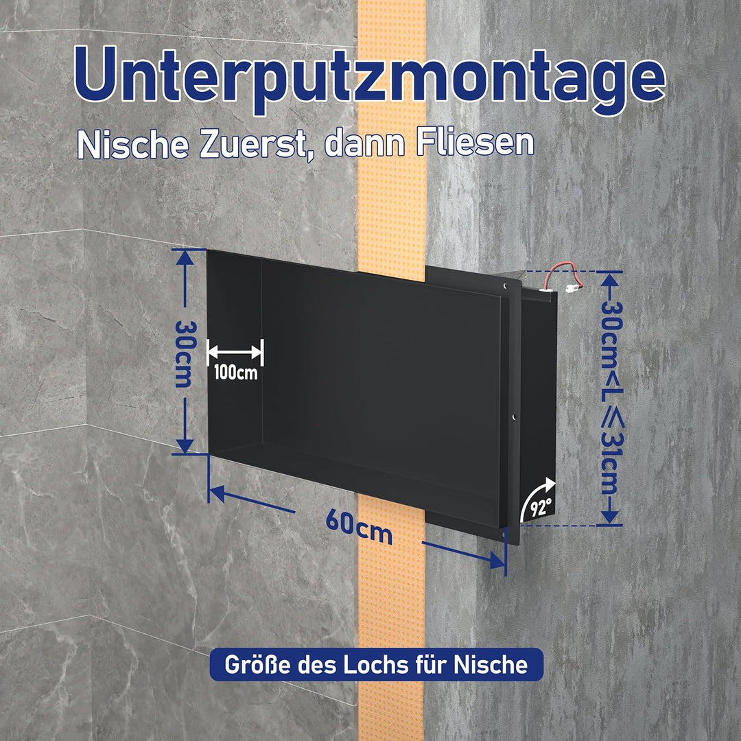 Wandnische Dusche Edelstahl, wasserdichte Nische mit LED-Licht, Eingebettete Duschnische 60x30x10cm,