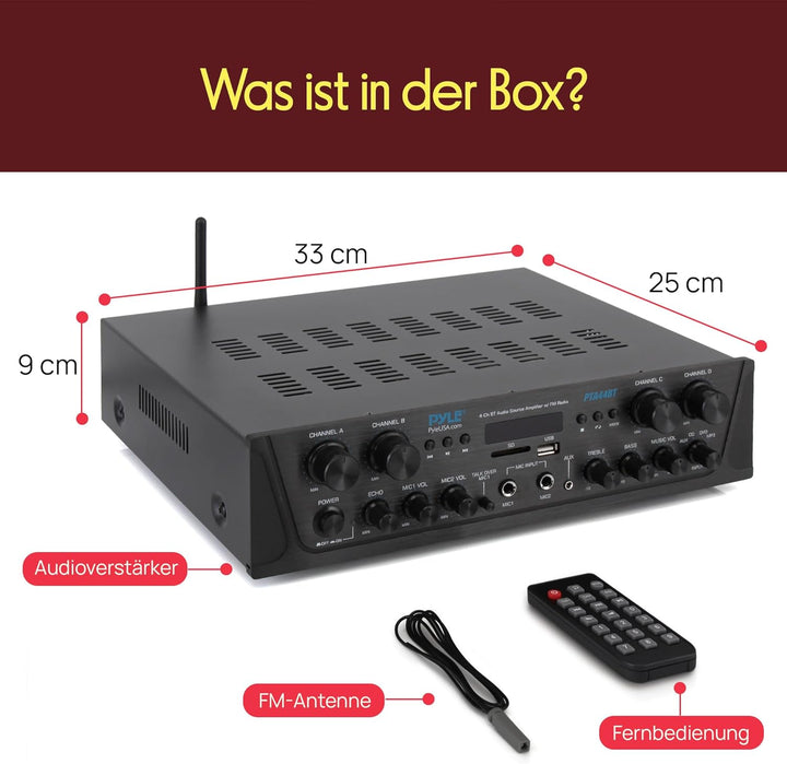 Pyle Bluetooth Stereo Verstärker 500W – 4-Kanal Mini Receiver mit USB, AUX, FM-Radio, Subwoofer RCA
