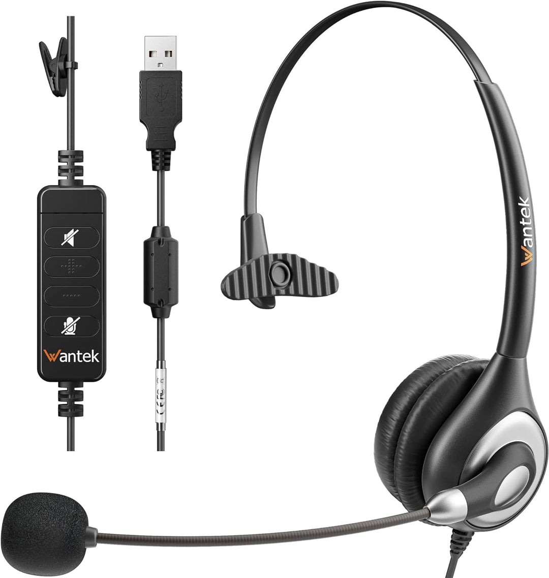 Wantek Kabelgebundene USB-Headsets Mono mit Geräuschunterdrückungs-Mikrofon und Inline-Steuerung, UC