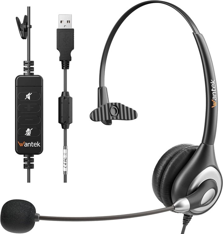 Wantek Kabelgebundene USB-Headsets Mono mit Geräuschunterdrückungs-Mikrofon und Inline-Steuerung, UC