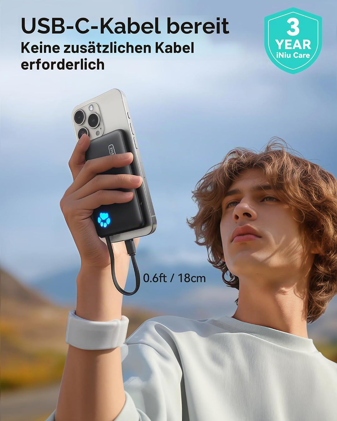 INIU Power Bank, Minigrösse 20W 10000mAh PowerBank mit Integriertem USB-C Kabel, PD3.0 QC4.0 USB C I