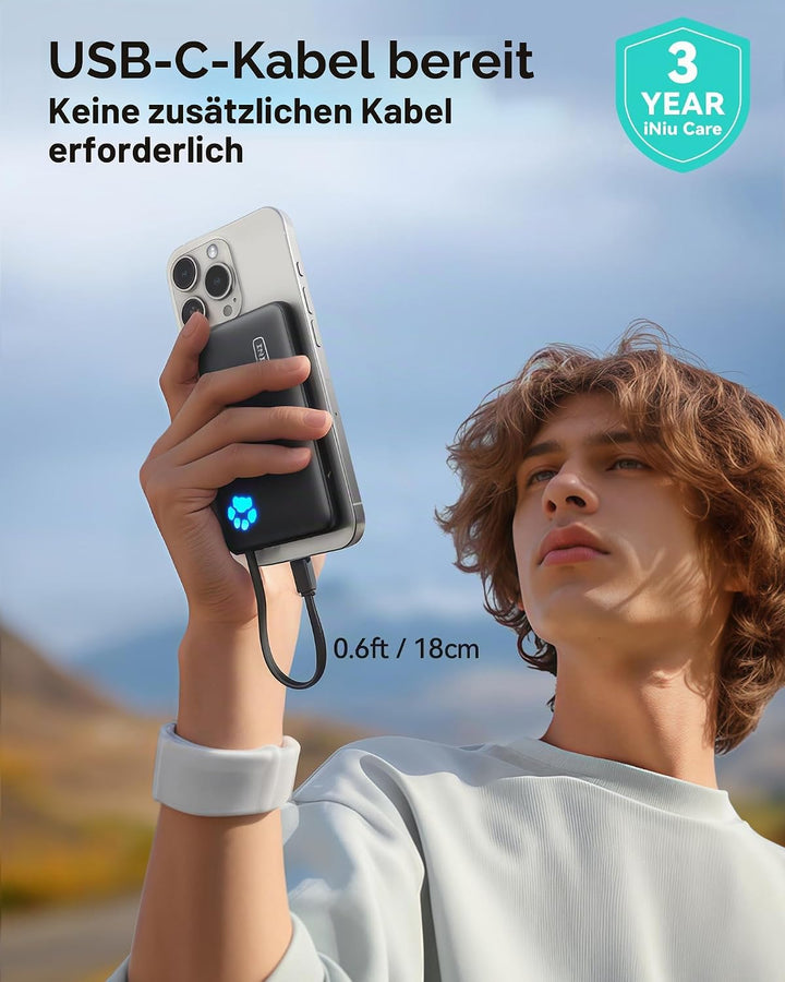 INIU Power Bank, Minigrösse 20W 10000mAh PowerBank mit Integriertem USB-C Kabel, PD3.0 QC4.0 USB C I