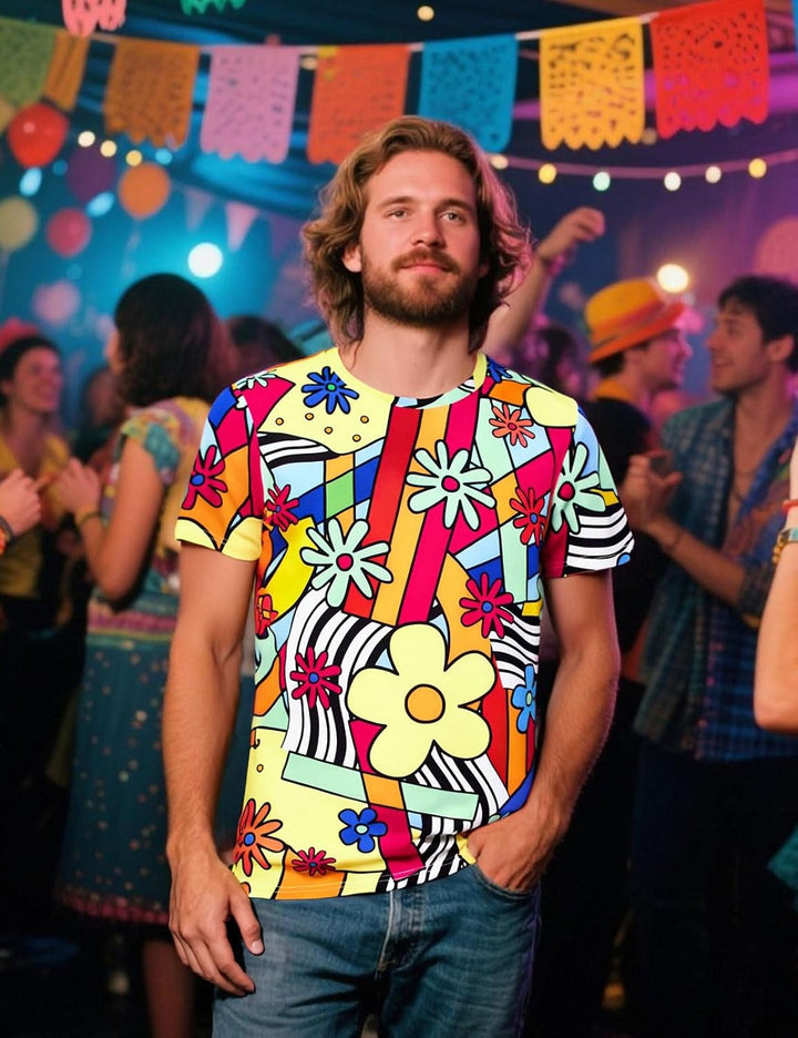 60er 70er Jahre Retro Flower Kostüm T-Shirts für Herren 3XL Blumen, 3XL Blumen