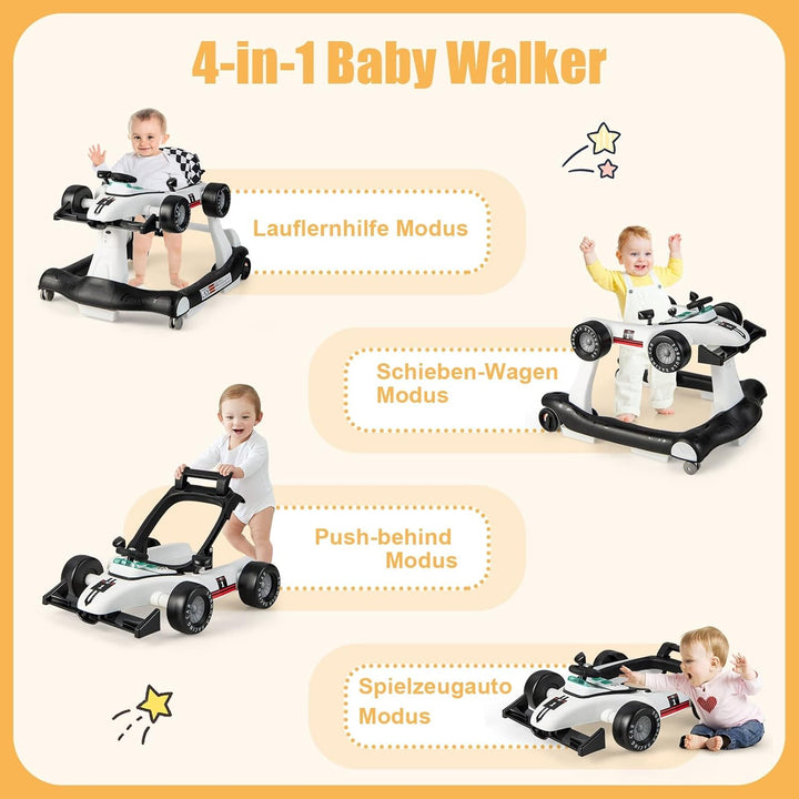 DREAMADE Lauflernhilfe, 4 in 1 Autoförmiger Lauflernwagen mit einstellbarer Geschwindigkeit, Musik &