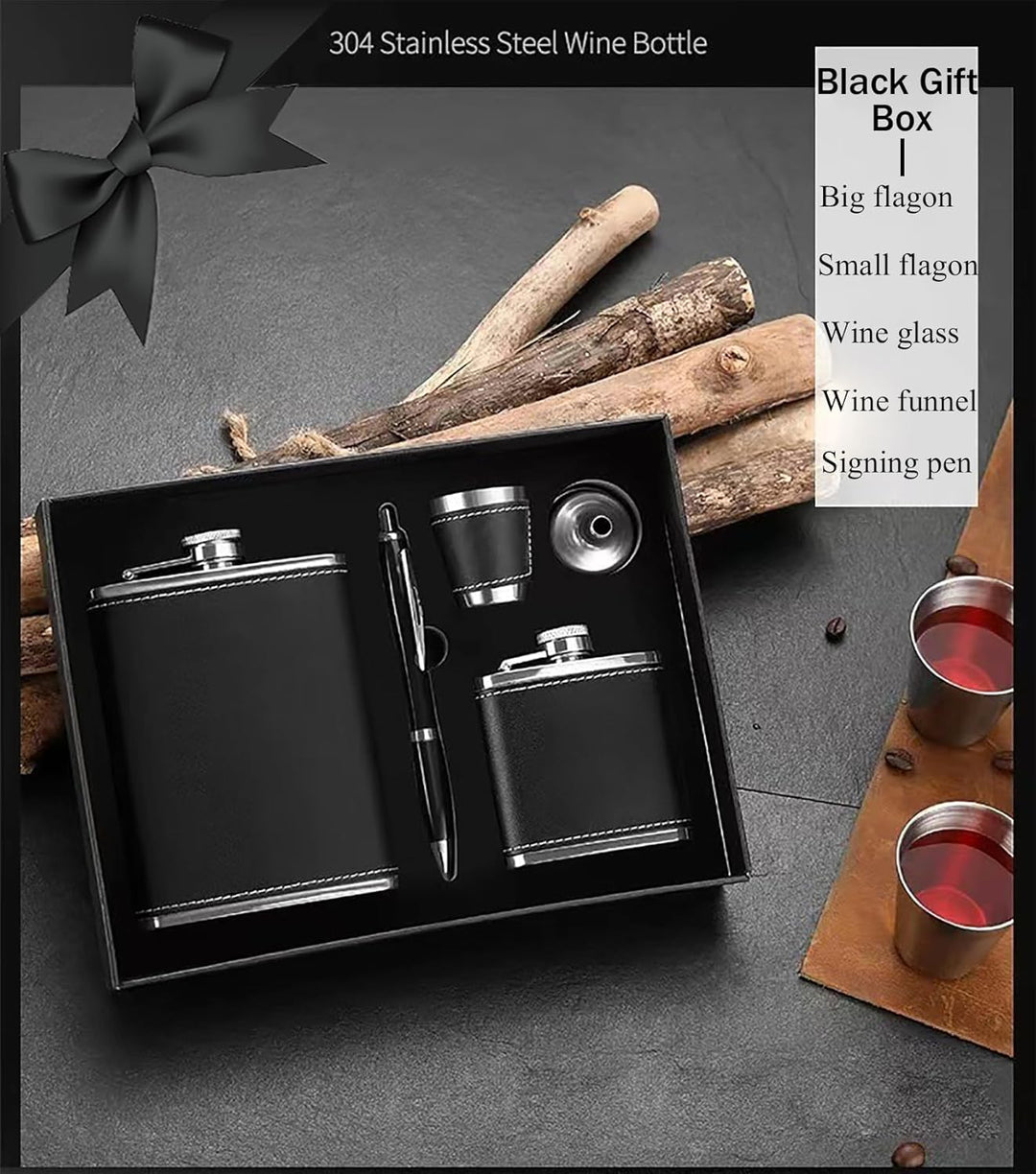 Flachmann Geschenkset Personalisiert 8oz+3oz, Schwarz Leder Mit Schnapsbecher Edelstahl, Signatursti