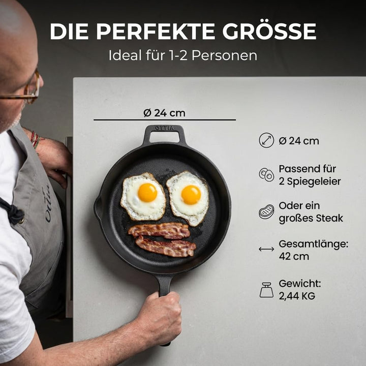 Ottia reine Gusseisenpfanne Induktion 24cm (ungeschliffen), kratzfest, frei von PFOAS und co, inkl e