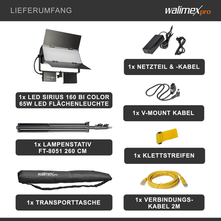 Walimex pro LED Sirius 160 Bi Color Set mit Stativ - 1x 65W Bi Color Flächenleuchte, Studioleuchte,