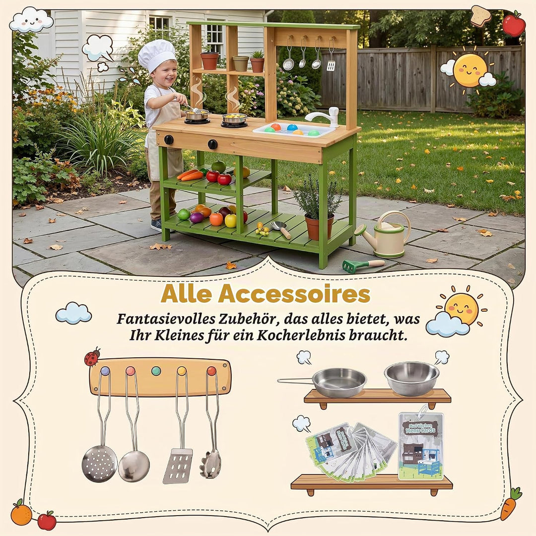 BRINJOY Matschküche Kinder Outdoor, Spielküche Kinder Holz-Matschküche für draussen mit realistische