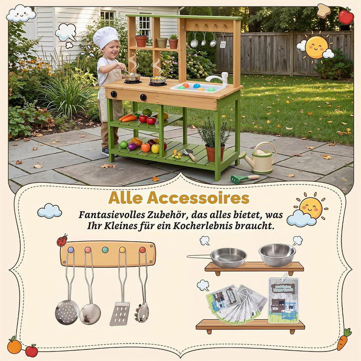 BRINJOY Matschküche Kinder Outdoor, Spielküche Kinder Holz-Matschküche für draussen mit realistische