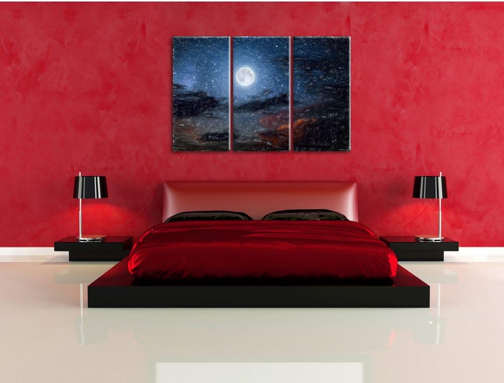 Pixxprint Leuchtender Mond am Nachthimmel Kunst Buntstift Effekt 3-Teiler Leinwandbild 120x80 Bild a