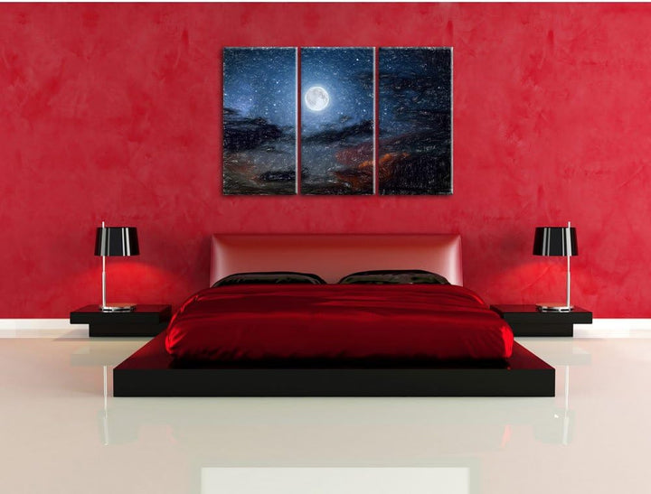 Pixxprint Leuchtender Mond am Nachthimmel Kunst Buntstift Effekt 3-Teiler Leinwandbild 120x80 Bild a