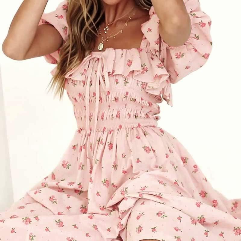 R.Vivimos Damen Casual A-Line Print Vierkant Puff Ärmel Kleid Saum Hohe Taille Midi Fitted Kleid Ber