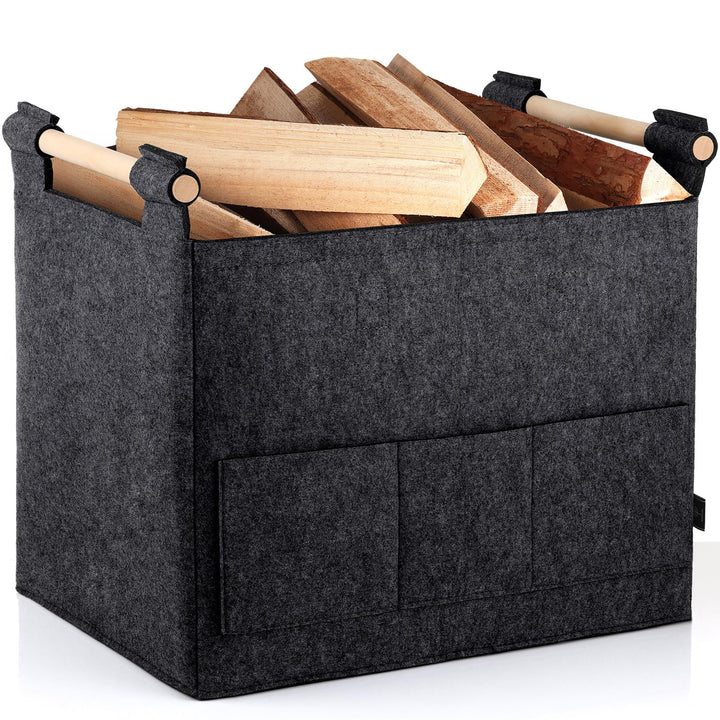 XL 40L Filzkorb & Holzkorb für Kaminholz - Doppelgriffanwendung + rutschfeste Griffe + Fronttasche e
