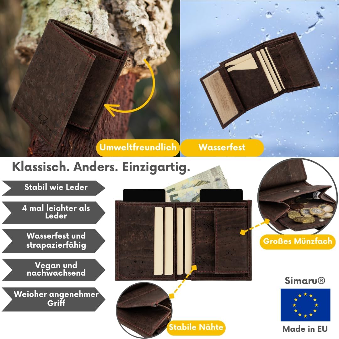 Simaru Kork Geldbeutel, Slim Wallet mit Zuglasche für Kartenfach, Unisex Mini Geldbeutel, Portemonna