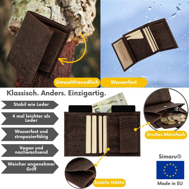 Simaru Kork Geldbeutel, Slim Wallet mit Zuglasche für Kartenfach, Unisex Mini Geldbeutel, Portemonna