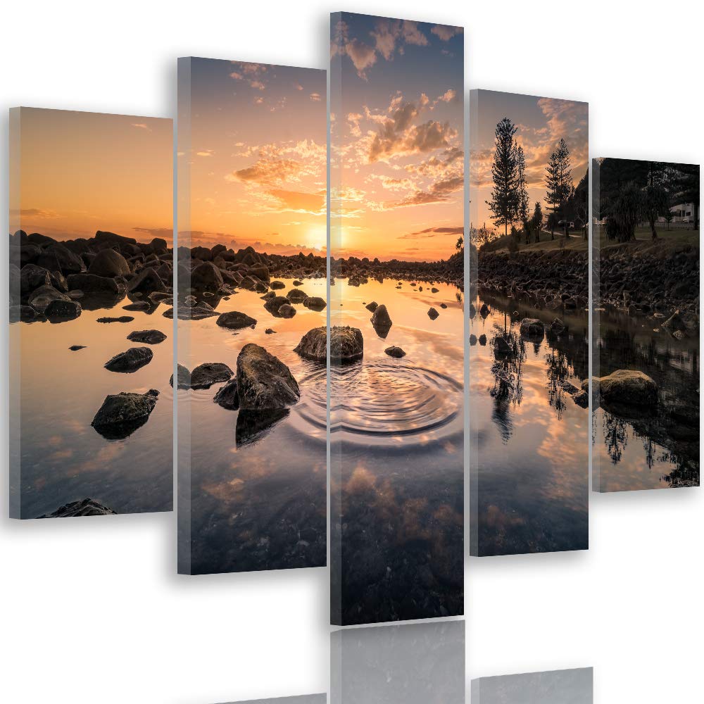 Feeby Bilder Sonnenuntergang 150x100 cm - Leinwandbild 5 Teilig XXL Kunstdruck orange Leinwandbild X