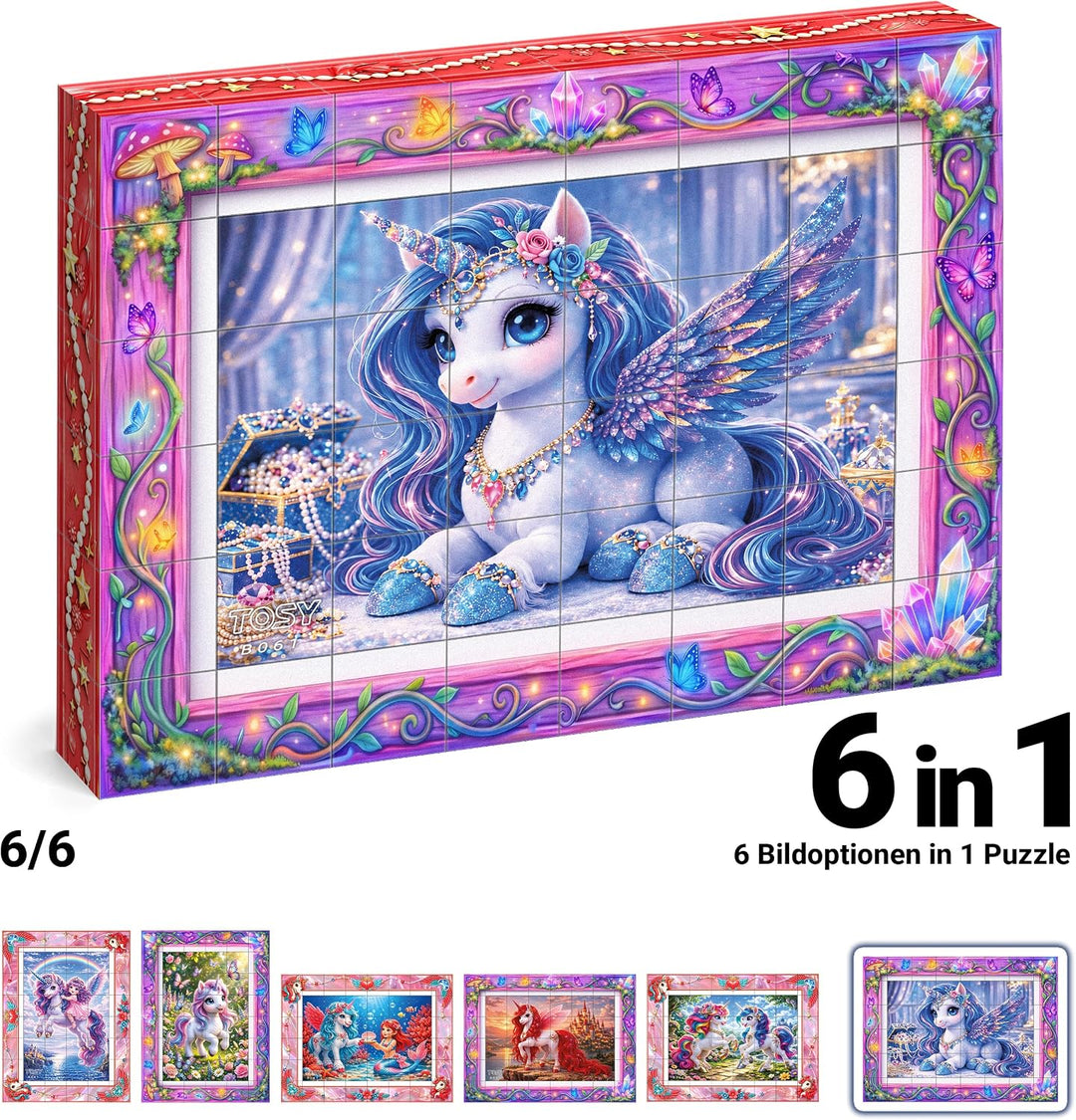 TOSY Picture Cube Fairy Unicorns: 6-in-1 magnetisches Bilderpuzzle, 48 Blöcke, 288 Flächen/Magnete,