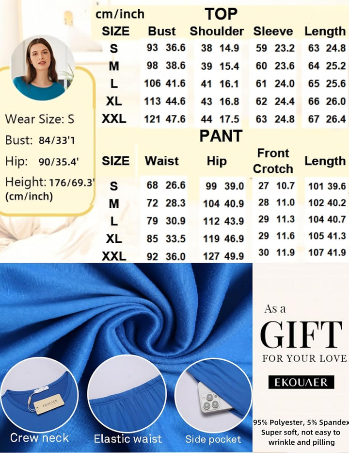 Ekouaer Schlafanzug Damen Lang Zweiteiler Pyjama Langarm Warm Pyjama Set Weich Nachtwäsche Kariert,