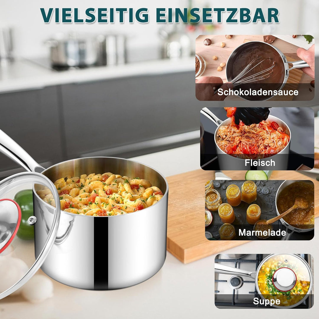 Joyfair Stielkasserolle, 16cm Premium 3-Lagen Edelstahl Milchtopf Induktion mit Deckel, 1,8 Liter Ko