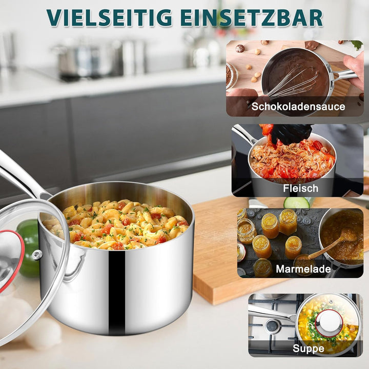 Joyfair Stielkasserolle, 16cm Premium 3-Lagen Edelstahl Milchtopf Induktion mit Deckel, 1,8 Liter Ko