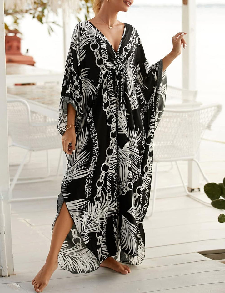 Bsubseach Damen's Print Türkisch Kaftan Beachwear Bikini Cover Up Maxikleid D-schwarzes Laub, D-schw